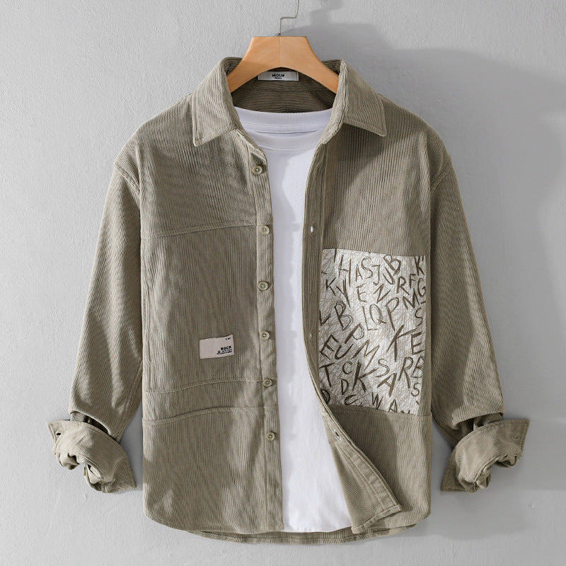 Herren Leichtes Cord-Hemdjacken-Overshirt mit Letterprint-Brusttasche und Relaxed Fit Nord Taschen