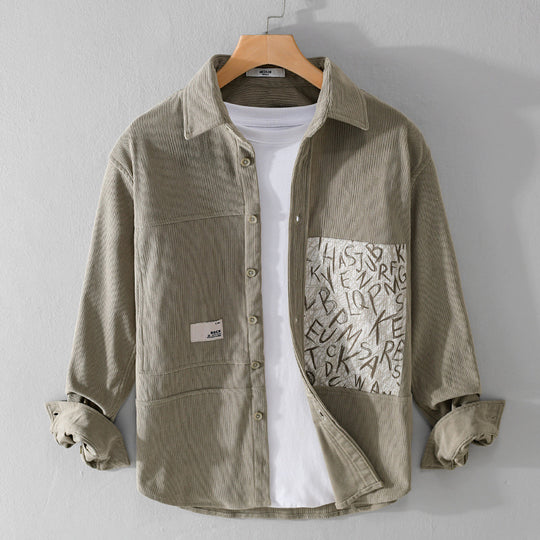 Herren Leichtes Cord-Hemdjacken-Overshirt mit Letterprint-Brusttasche und Relaxed Fit Nord Taschen