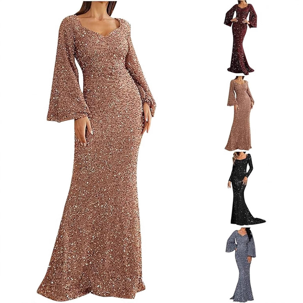 Damen Glamouröses Glitzer-Abendkleid mit schwingendem Rock und voluminösen Ärmeln