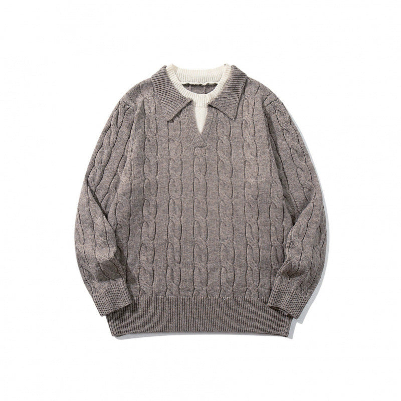 Herren Grobgestrickter Zopfmuster-Pullover mit Polokragen und V‑Ausschnitt Nord Taschen