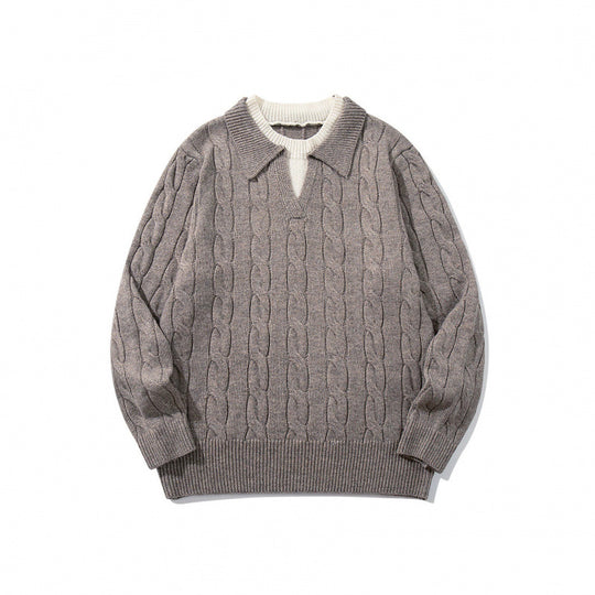 Herren Grobgestrickter Zopfmuster-Pullover mit Polokragen und V‑Ausschnitt Nord Taschen