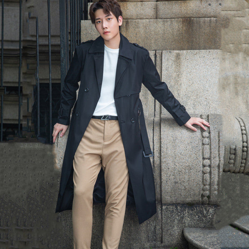 Herren langer doppelreihiger Trenchcoat mit Sturmklappe und D-Ring-Details Nord Taschen