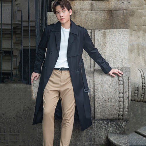 Herren langer doppelreihiger Trenchcoat mit Sturmklappe und D-Ring-Details Nord Taschen