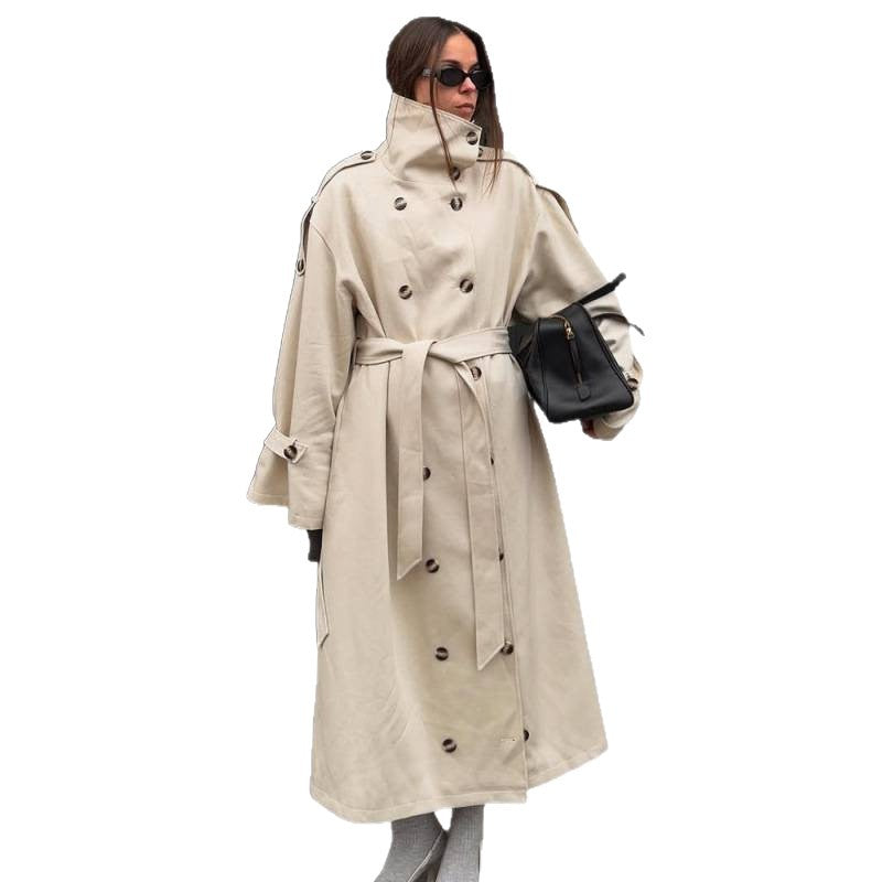Damen Langer Oversized Trenchcoat mit hohem Stehkragen, Glockenärmeln und Bindegürtel Nord Taschen