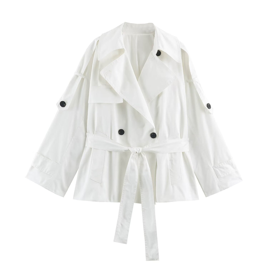 Damen Kurzer leichter Trench-Mantel mit Bindegürtel, überschnittenen Schultern und doppelter Knopfleiste Nord Taschen