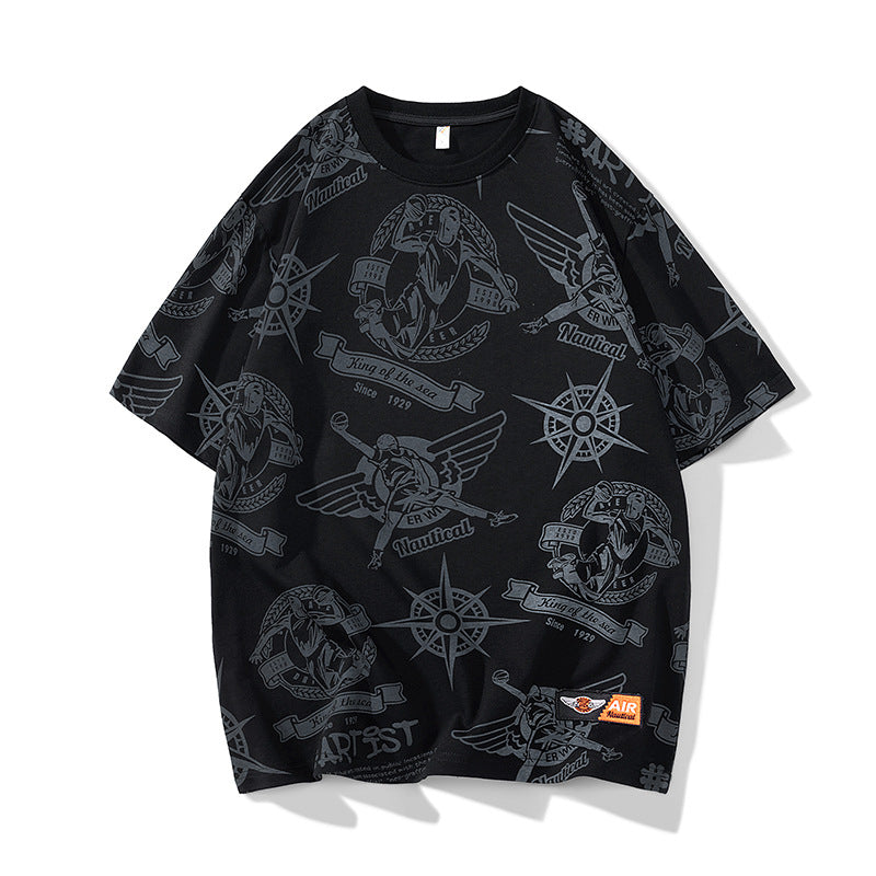 Herren Oversize-Print-T-Shirt mit Allover-Nautical-Logos und Rundhalsausschnitt Nord Taschen