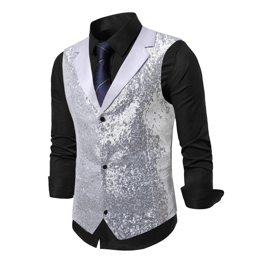 Herren Glänzende Pailletten‑Weste mit Satin‑Revers und taillierter Silhouette Nord Taschen