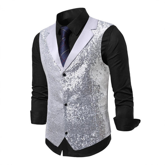 Herren Glänzende Pailletten‑Weste mit Satin‑Revers und taillierter Silhouette Nord Taschen