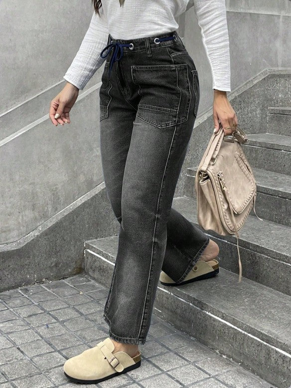 Damen Hochtaillierte Jeans mit geradem Bein, Tunnelzugbund und aufgesetzten Taschen Nord Taschen