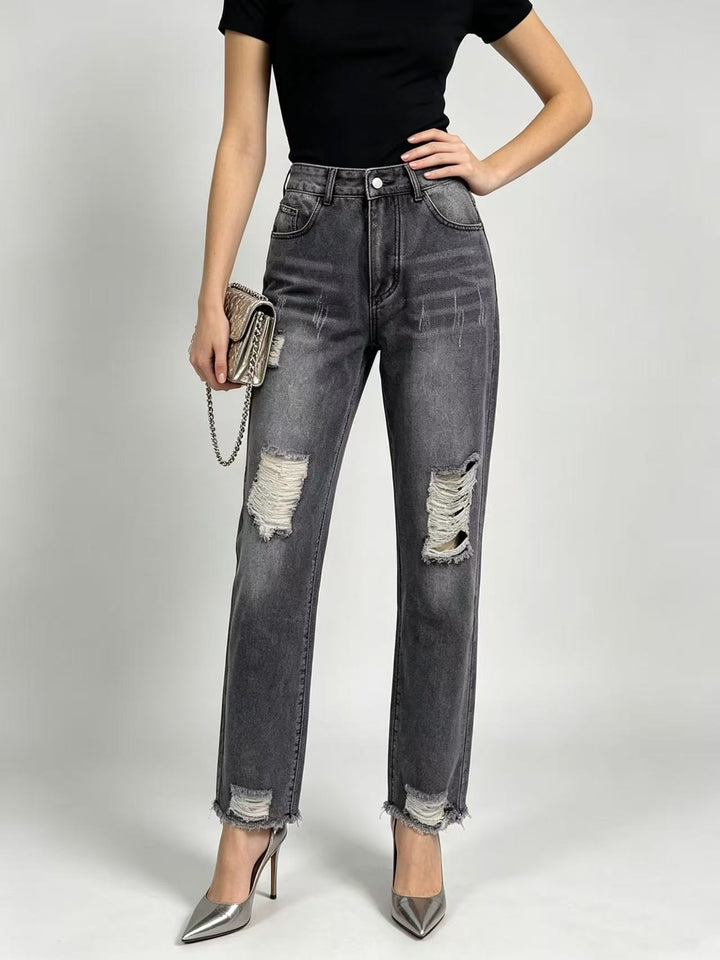 Damen hochgeschnittene Straight Leg Jeans mit gezielten Rissdetails und rohem Knöchelabschluss Nord Taschen