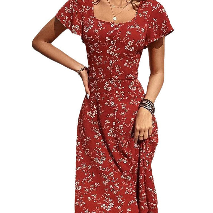Damen Midi Kleid mit floralen Mustern und Knopfleiste