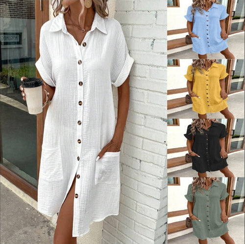 Damen Hemdblusenkleid aus leichtem Baumwollstoff mit praktischen Taschen und durchgehender Knopfleiste