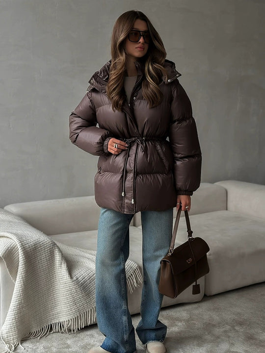 Damen gesteppte Steppjacke mit Taillenzug und Kapuze Nord Taschen