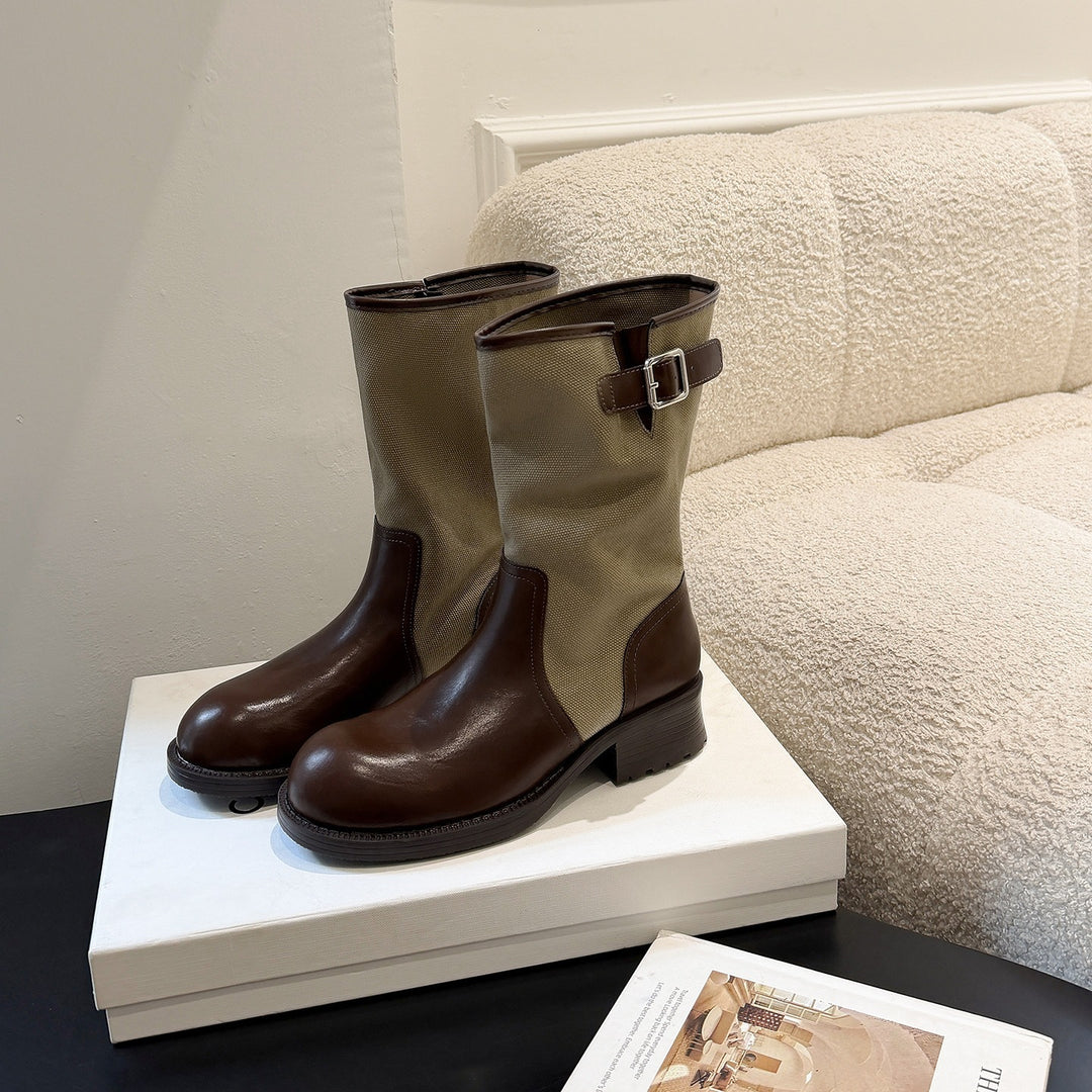 Damen Mid-Calf Stiefel aus Glattleder und Canvas mit Zier-Schnallenriemen Nord Taschen