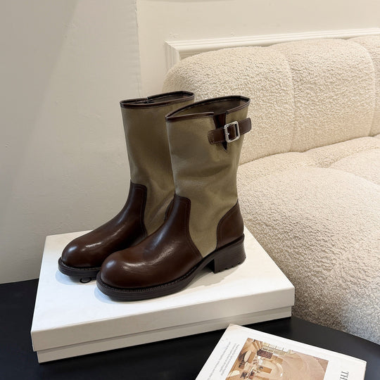 Damen Mid-Calf Stiefel aus Glattleder und Canvas mit Zier-Schnallenriemen Nord Taschen
