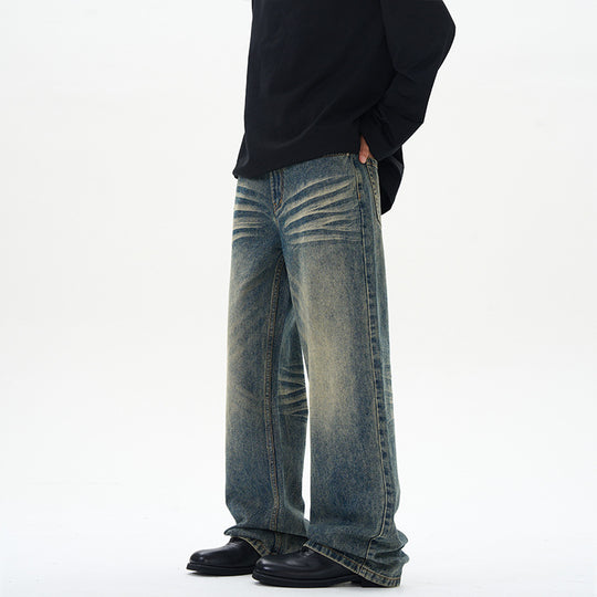 Herren Weite Denim-Jeans im Vintage-Whisker-Look mit horizontalen Falten und bodenlangem Saum Nord Taschen