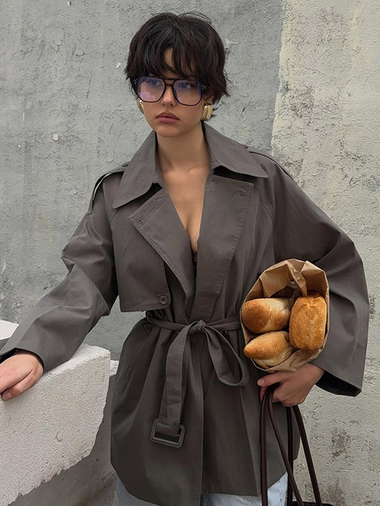 Damen Kurztrenchcoat mit Bindegürtel und Oversize-Ärmeln Nord Taschen
