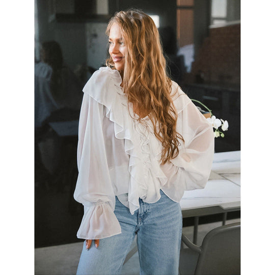 Damen Luftige Rüschenbluse aus Chiffon mit Oversize-Schnitten Nord Taschen