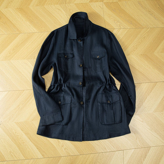 Damen Utility-Jacke aus Leinenmix mit Tunnelzug, Pattentaschen und Hemdkragen Nord Taschen