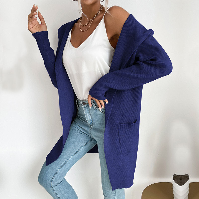Damen Langer gerippter Cocoon-Cardigan aus leichtem Feinstrick mit Eingrifftaschen Nord Taschen