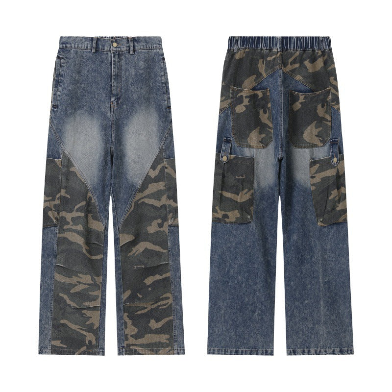 Damen Weite High‑Waist Denim‑Cargohose mit Camouflage‑Einsätzen Nord Taschen
