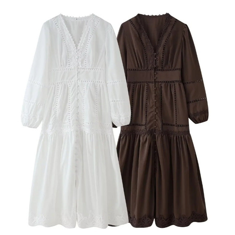 Damen 80+ Maxikleid mit V‑Ausschnitt, Spitzenbesatz, Knopfleiste und Ballonärmeln Nord Taschen