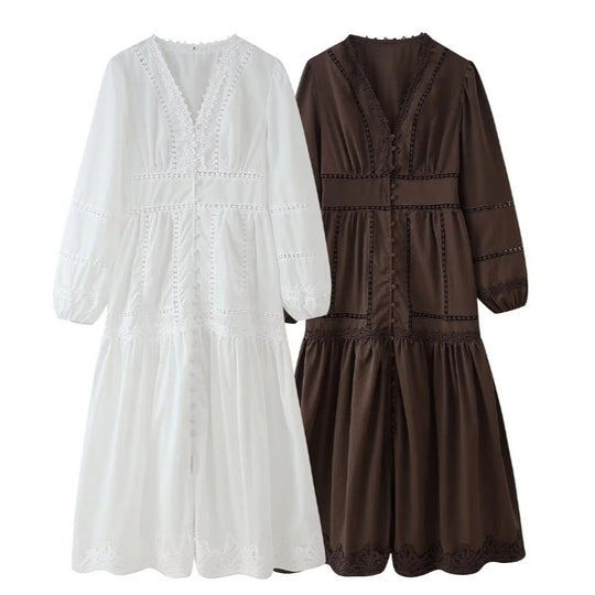 Damen 80+ Maxikleid mit V‑Ausschnitt, Spitzenbesatz, Knopfleiste und Ballonärmeln Nord Taschen