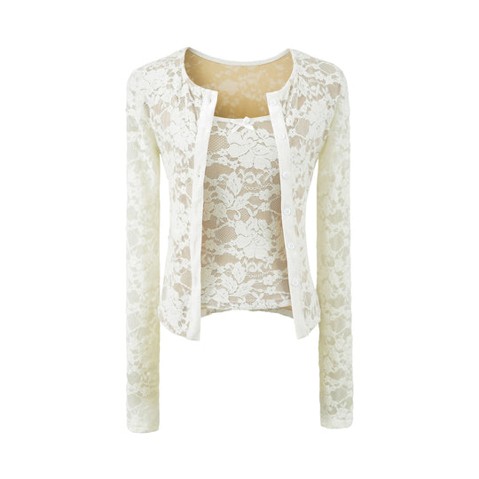 Damen Feiner Spitzen-Cardigan mit passendem Untertop und Samtbesatz Nord Taschen