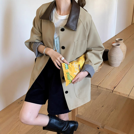Damen Leichte Oversize-Übergangsjacke mit Kontrastkragen und kariertem Ärmelsaum Nord Taschen
