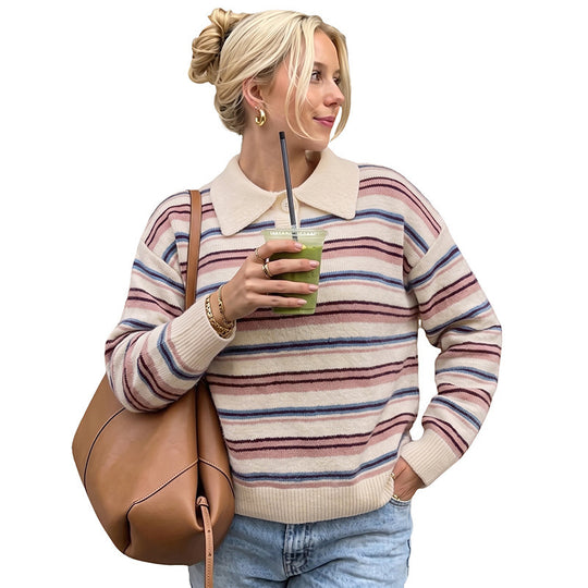 Damen Lässiger Strickpullover mit Polo-Kragen und Streifen Nord Taschen