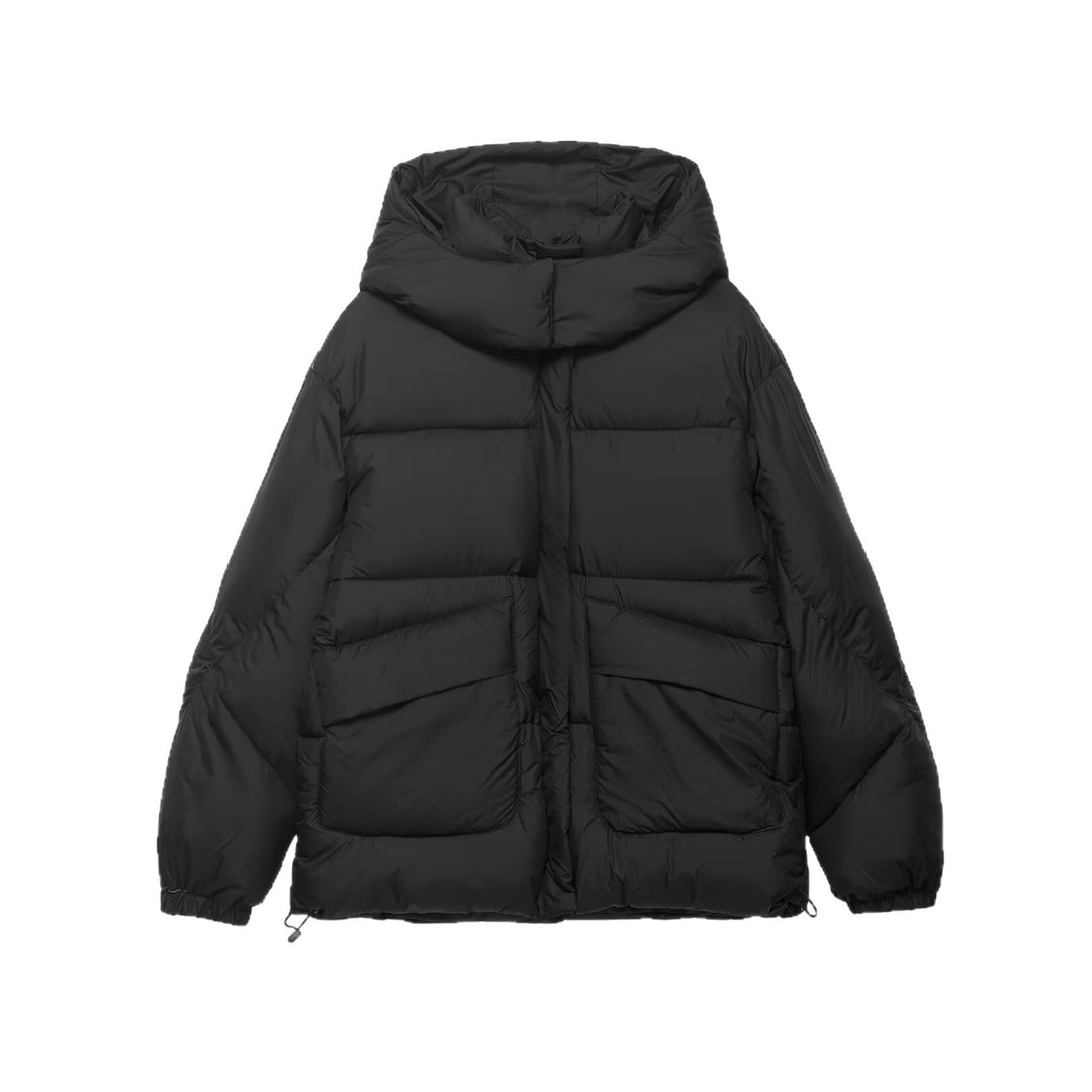 Damen Voluminöse Oversize Daunenjacke mit Kapuze und Kordelzug Nord Taschen