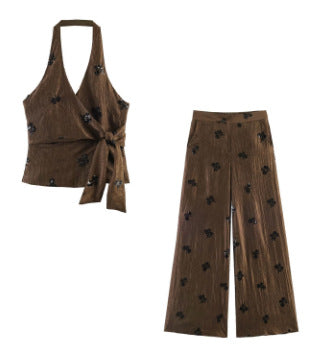 Damen 20+ weite Palazzo‑Hose mit hoher Taille, Crinkle‑Effekt und bestickten Paillettenapplikationen Nord Taschen