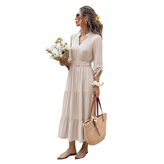 Damen Elegantes Maxikleid mit Taillengürtel und Rüschendetails Nord Taschen