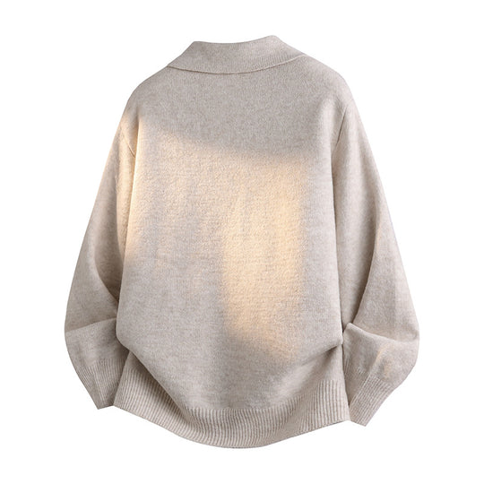 Damen Oversized Polokragen-Feinstrickpullover mit kurzem Schlitz und Zierknopf Nord Taschen