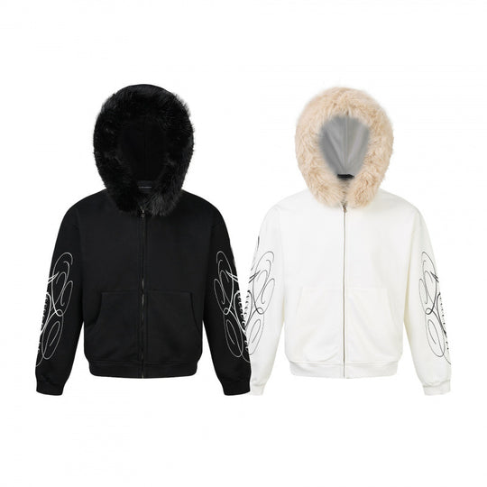 Unisex Oversize-Kapuzenjacke mit Kunstfellbesatz, Reißverschluss und Grafikärmeln Nord Taschen