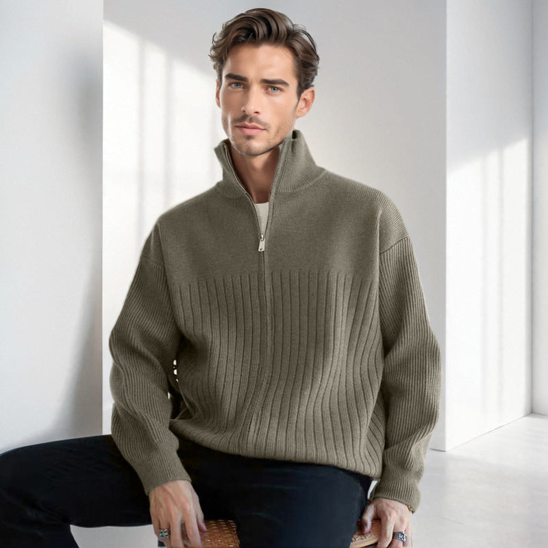 Herren Halbzip-Strickpullover mit hohem Stehkragen und breitem Rippenmuster Nord Taschen