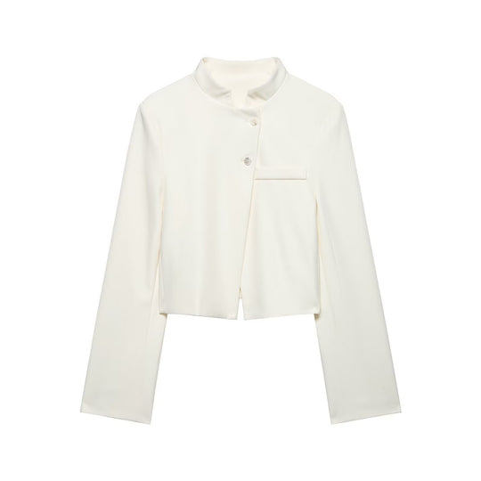 Damen Kurzer taillierter Blazer mit Stehkragen und asymmetrischer Knopfleiste Nord Taschen