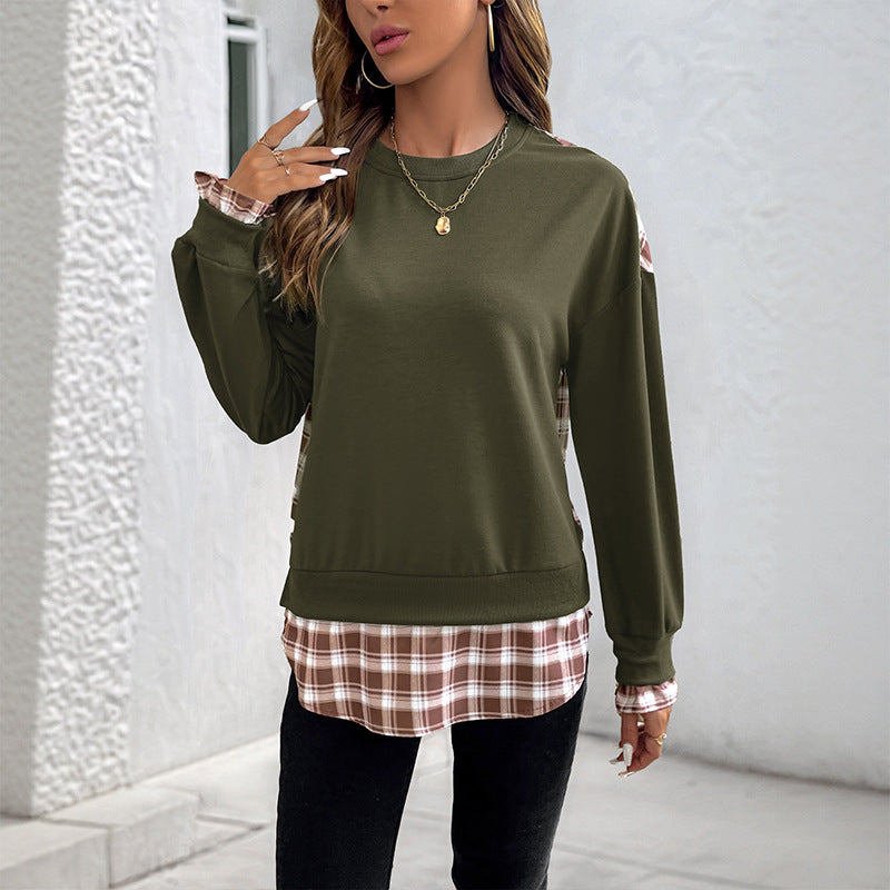 Damen Lässiges Rundhals-Sweatshirt mit Karomuster‑Einsätzen und gerafften Manschetten Nord Taschen