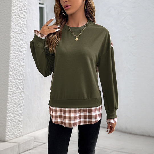 Damen Lässiges Rundhals-Sweatshirt mit Karomuster‑Einsätzen und gerafften Manschetten Nord Taschen