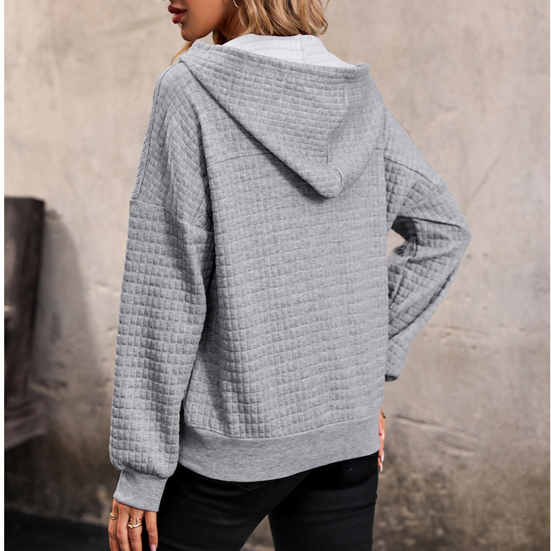 Damen Gestepptes Waffelstrick-Henley-Hoodie mit Druckknopfleiste Nord Taschen