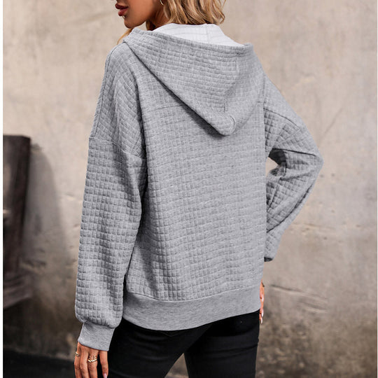Damen Gestepptes Waffelstrick-Henley-Hoodie mit Druckknopfleiste Nord Taschen