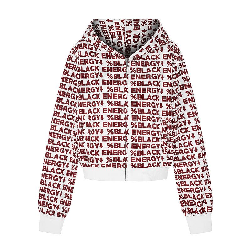 Damen kurze Zip-Kapuzenjacke mit Allover-Logoprint und elastischem Rippenbund Nord Taschen