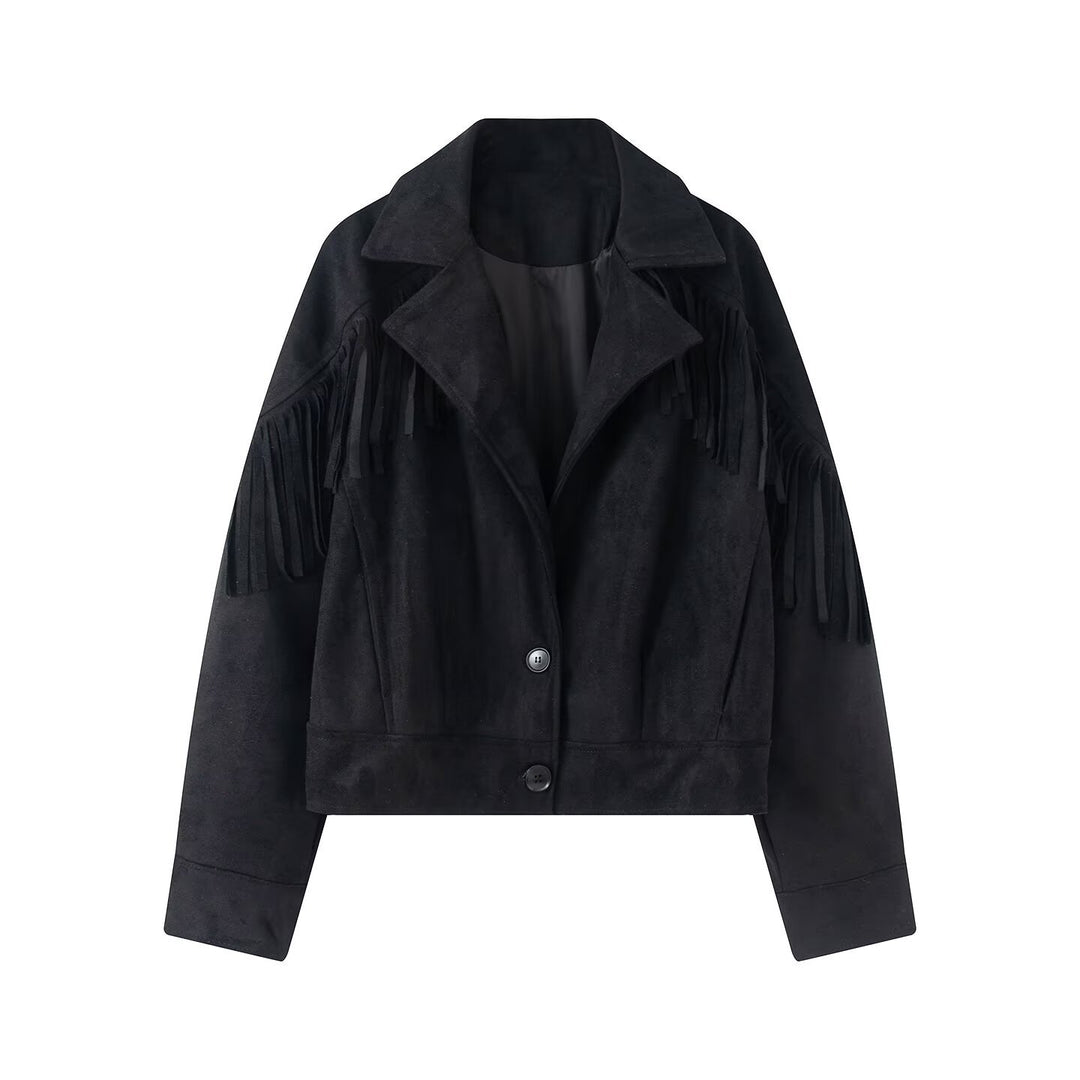 Damen Kurze Wildlederoptik-Fransenjacke im Cropped-Boxy-Schnitt Nord Taschen