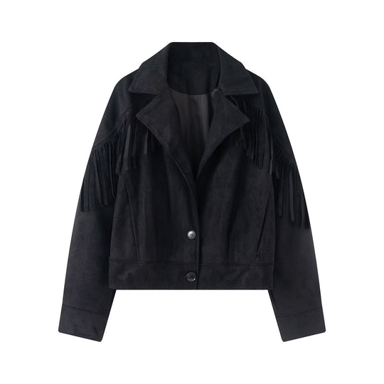 Damen Kurze Wildlederoptik-Fransenjacke im Cropped-Boxy-Schnitt Nord Taschen