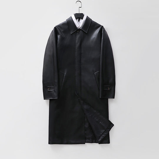 Herren langer minimalistischer Kunstleder-Mantel mit Hemdkragen, verdeckter Knopfleiste und geradem Schnitt Nord Taschen