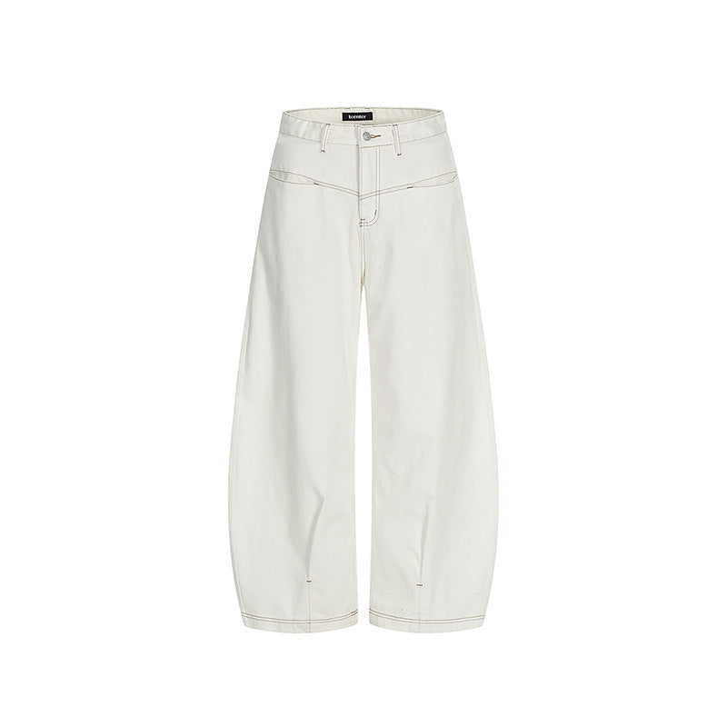 Damen Weite Cropped Ballon-Jeans mit hohem Bund und sichtbaren Kontrastnähten Nord Taschen