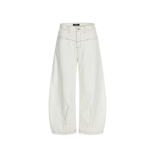 Damen Weite Cropped Ballon-Jeans mit hohem Bund und sichtbaren Kontrastnähten Nord Taschen