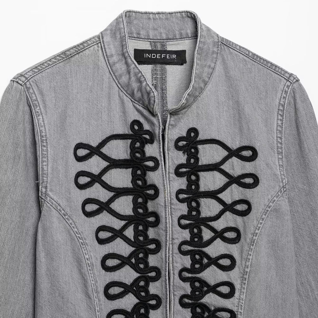 Damen Jeansjacke mit militärischer Kordelapplikation und Stehkragen Nord Taschen