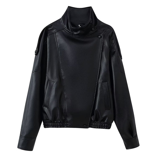 Damen Oversize Kunstlederjacke mit Hemdkragen und elastischem Saum Nord Taschen