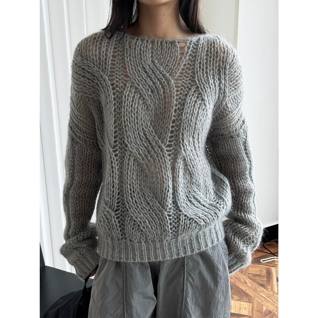 Damen Oversize Mohair‑Optik Zopfmuster‑Pullover mit Transparent‑Effekt Nord Taschen